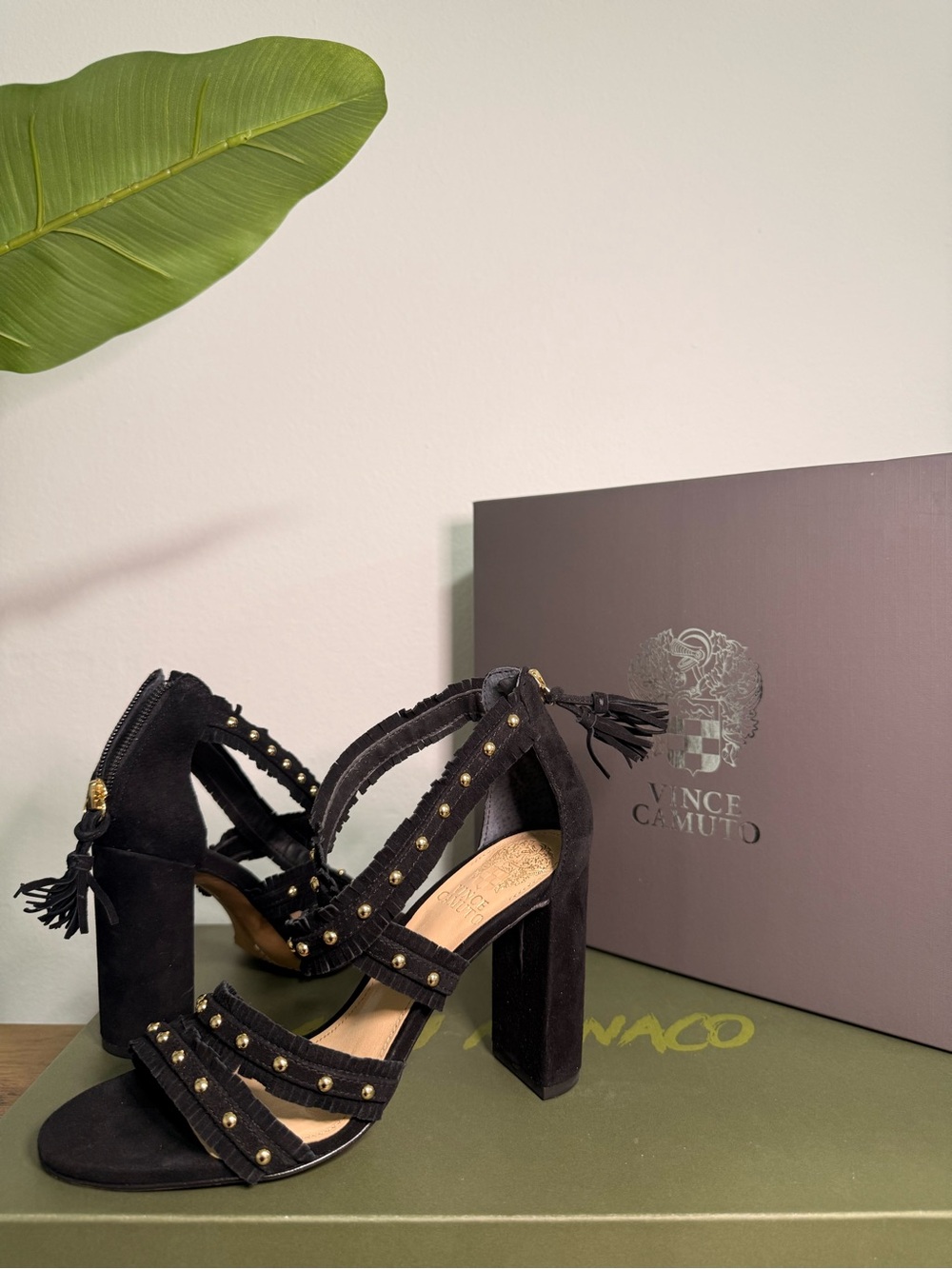 NEW | Vince Camuto Black Suede Gold Studded Block Heels | Size 6